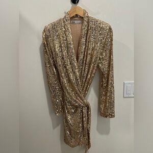 Zara Sparkling Gold Sequin Wrap Long Sleeve Dress